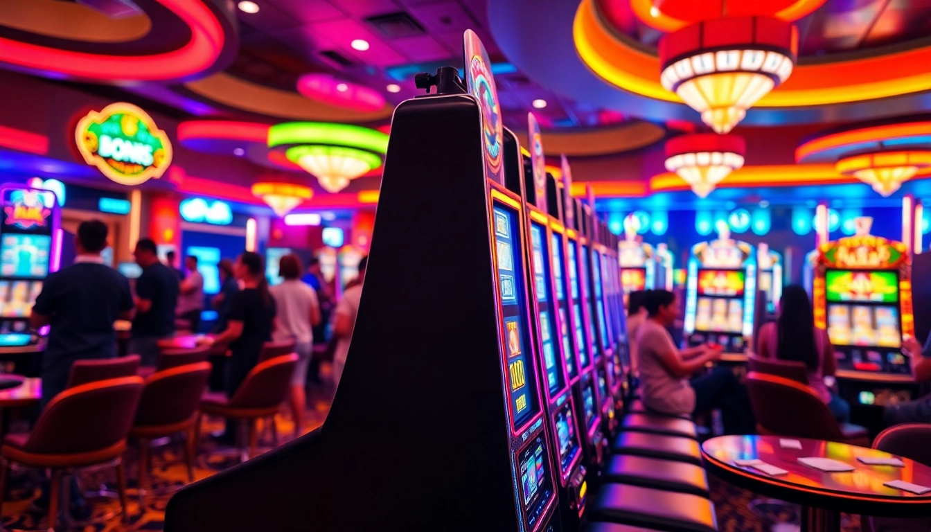 Menggairahkan pengalaman bermain bos88 slot dengan mesin slot berwarna dalam suasana kasino yang ceria.