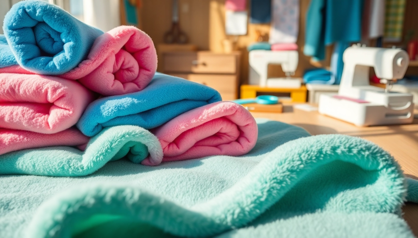 Fleece stof rolletjes in verschillende kleuren op een ambachtelijke tafel