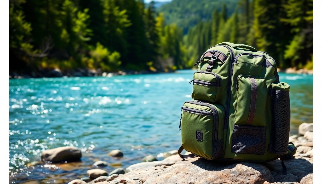 Explore features of a Fly fishing backpack set against a serene river backdrop.