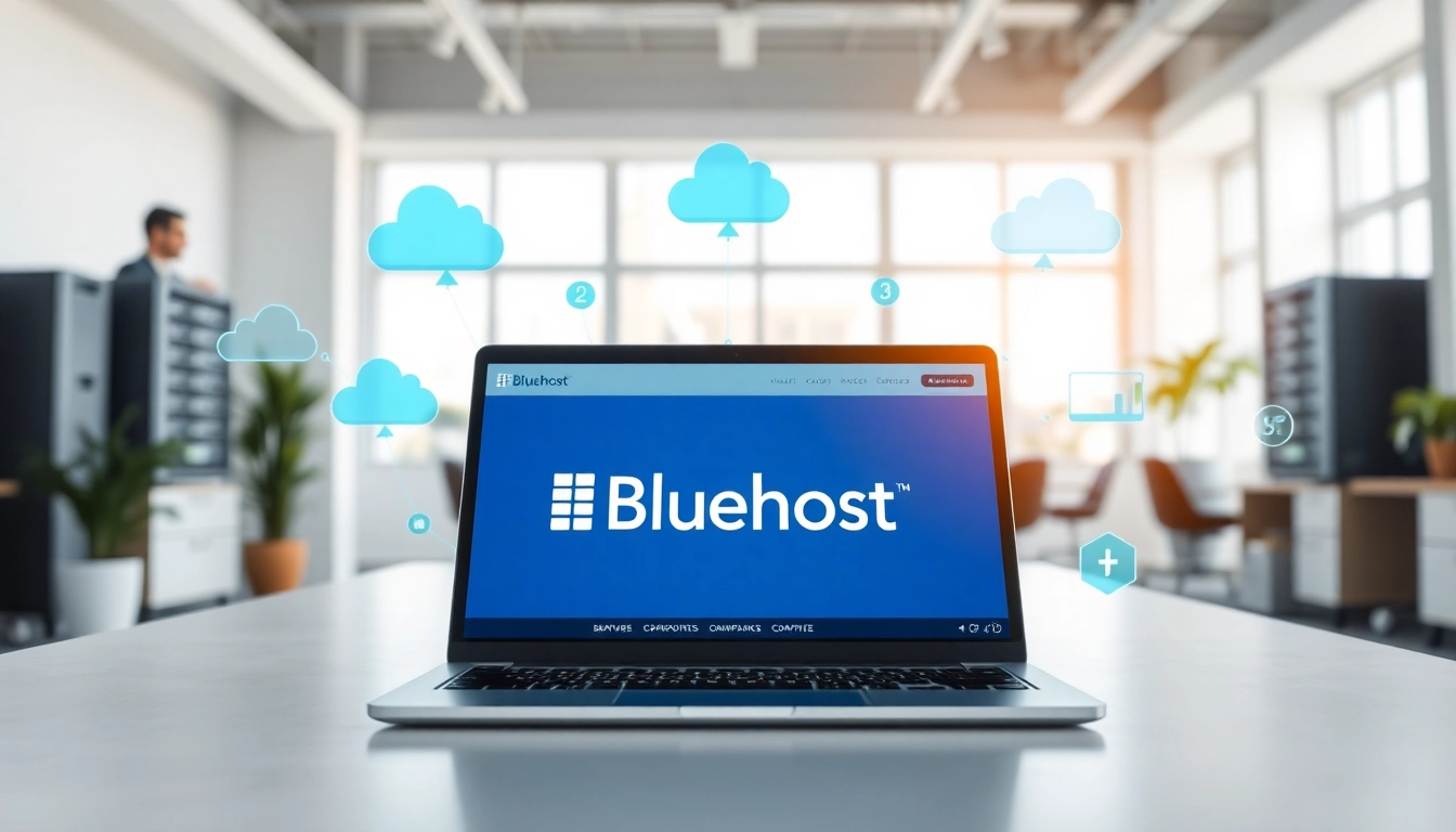 Showcasing the Bluehost website on a modern laptop in a bright office setting.
