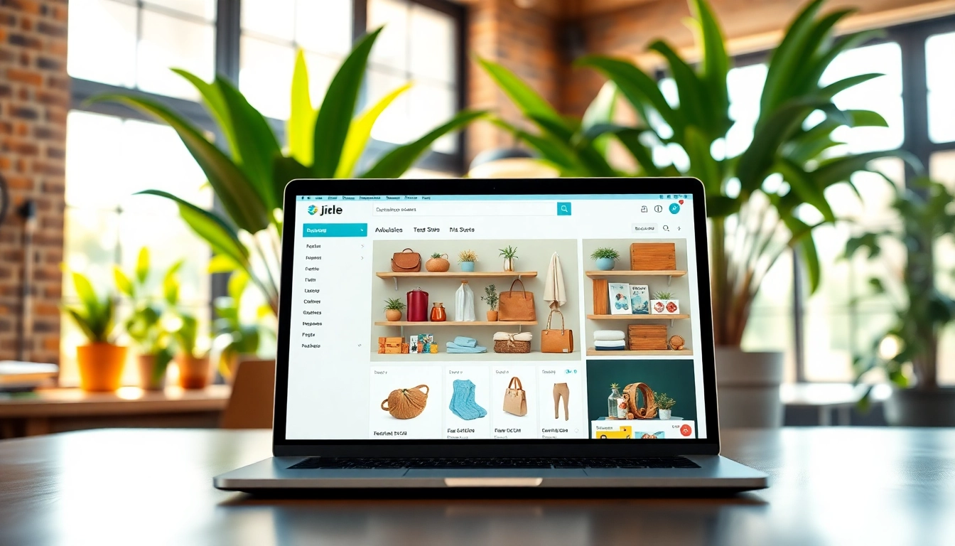 Start Selling on Jirle showcasing a vibrant workspace with a laptop and diverse products.