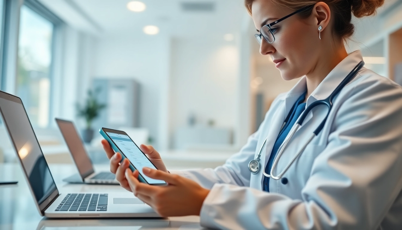 Highlighting the advantages of using eprescription apps with a healthcare professional in a modern clinic.
