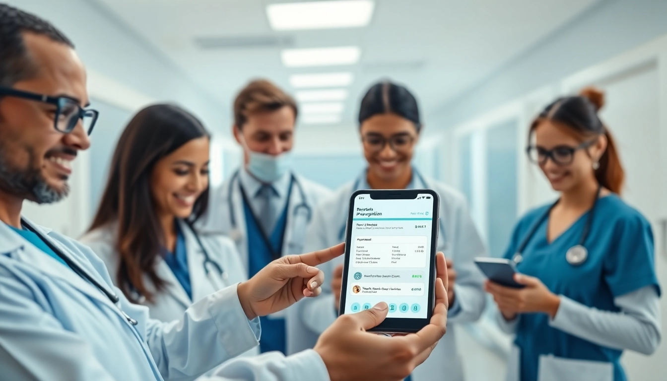 Healthcare professionals using top rated prescription applications on digital devices in a collaborative setting.